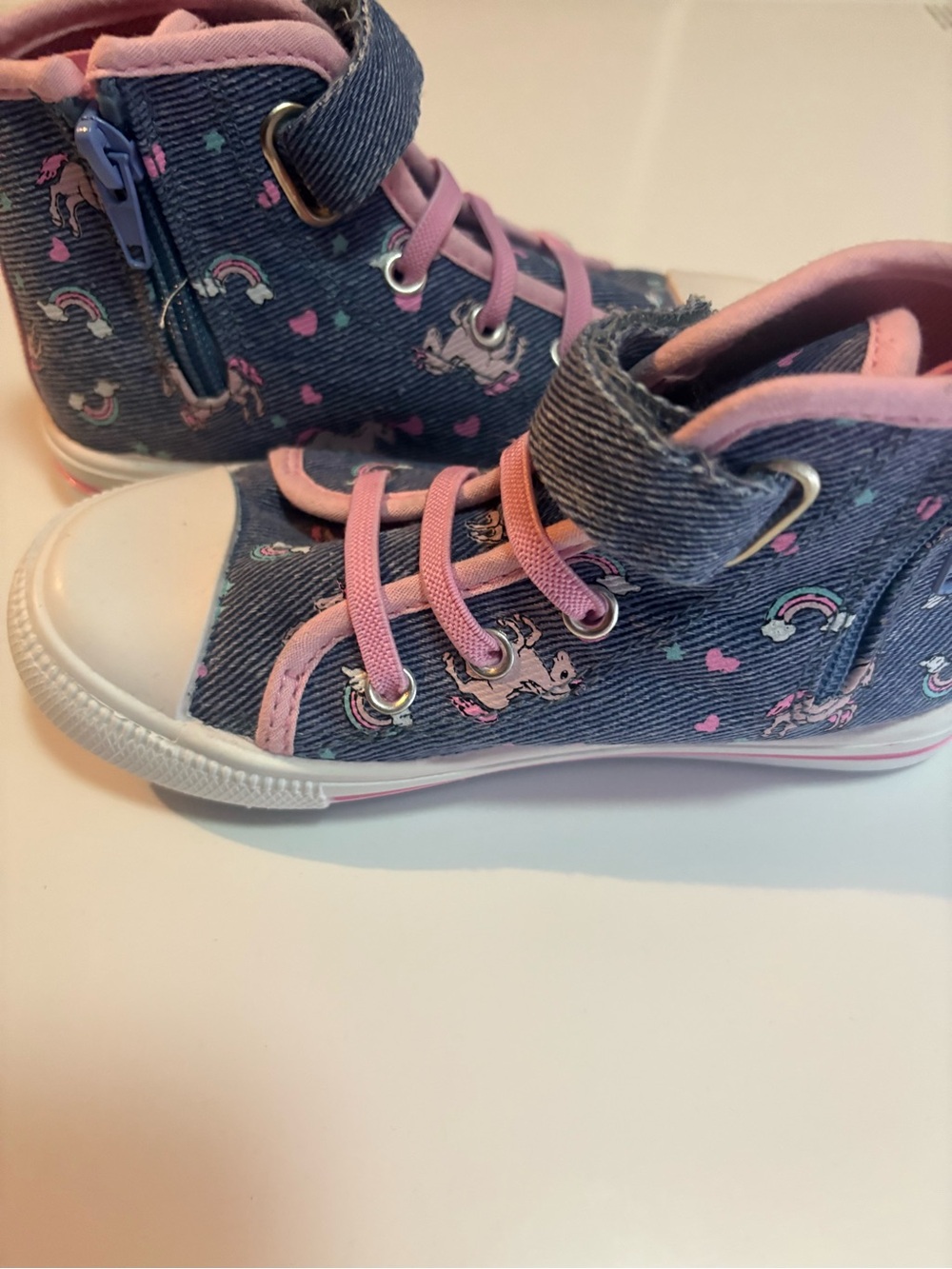 STQ Toddler Girls High Top Sneakers Denim Pink Unicorn Rainbow Size 11C Zip Up